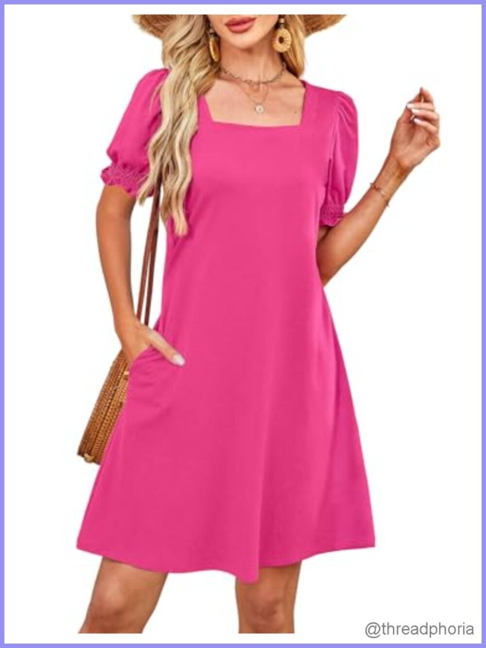 Women's Square Neck Puff Sleeve Stretchy Dress with Pockets - Casual Summer